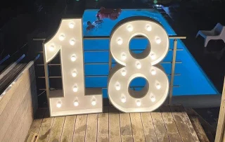 Chiffre 18 lumineux au bord d’une piscine