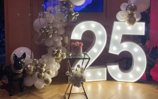 Chiffre 25 lumineux avec des ballons dorés Chiffre 25 lumineux avec des ballons dorés