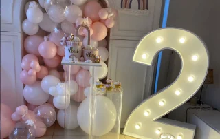 Chiffre 2 lumineux avec des ballons roses pour un anniversaire Chiffre 2 lumineux avec des ballons roses pour un anniversaire